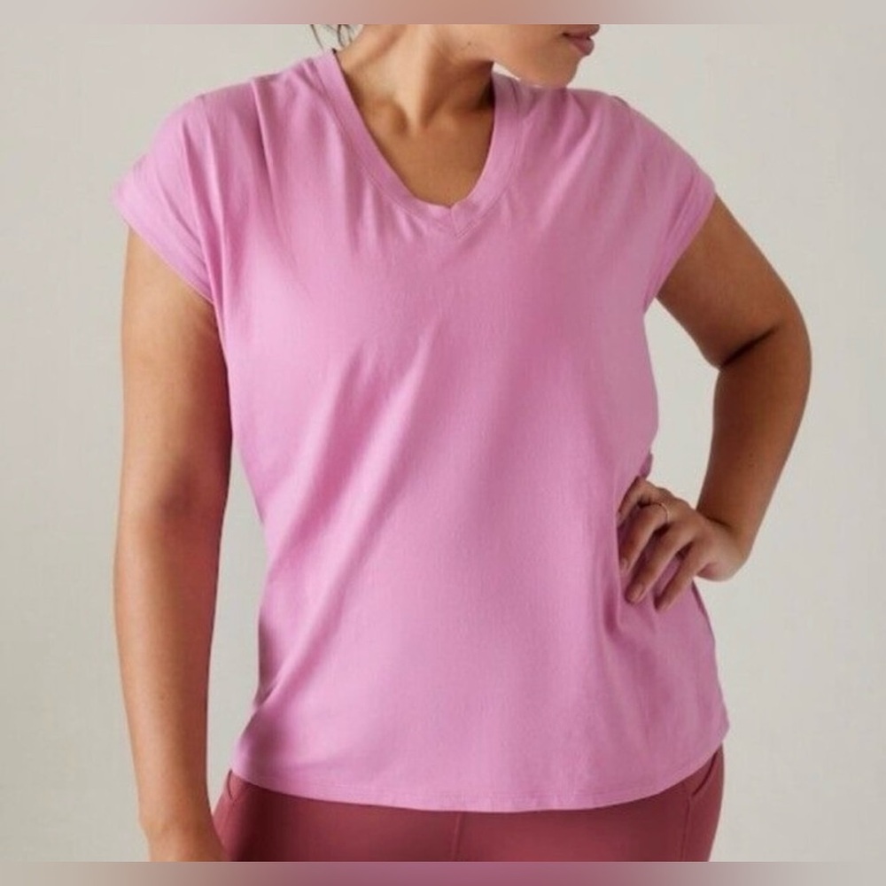 Athleta Pink V-Neck Short Sleeve Performance Top